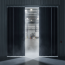 Black opaque PVC strip curtains on cold store freezer doorway — thermal insulation and blackout barrier