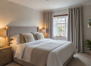 Acoustic Blackout Thermal Window Curtains - Beige herringbone, UK bedroom with bedside lamp
