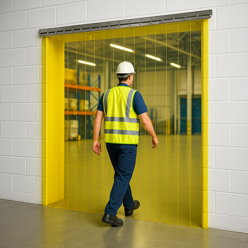 Transparent Yellow PVC Strip Curtain – Hook-On Industrial Door Screen for Exhibitions, Food Areas & Safety Zones (UV-Stable, UK-Made)