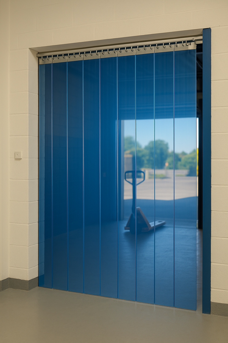 Transparent Blue PVC Strip Curtain – Hook-On Industrial Door Curtain for Temperature Control, Hygiene & Energy Saving (UK-Made)